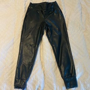 Black faux leather joggers